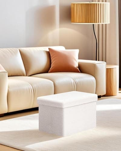 ZOLANOful Small Ottoman with Storage, Sherpa Storage Ottoman Cube, Boucle Folding Foot Rest for Dorm, Living Room, Bedroom, White, 16.5"x12.6"x12.6" thumbnail 2