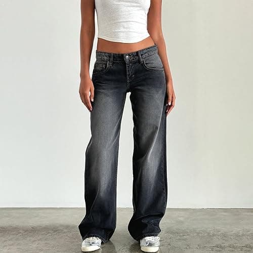 Y2K Damen Baggy-Jeans, niedrige Taille, lockeres gerades Bein, Denim-Hose mit Taschen, E-Girl, Boyfriends-Hose, Streetwear thumbnail 3