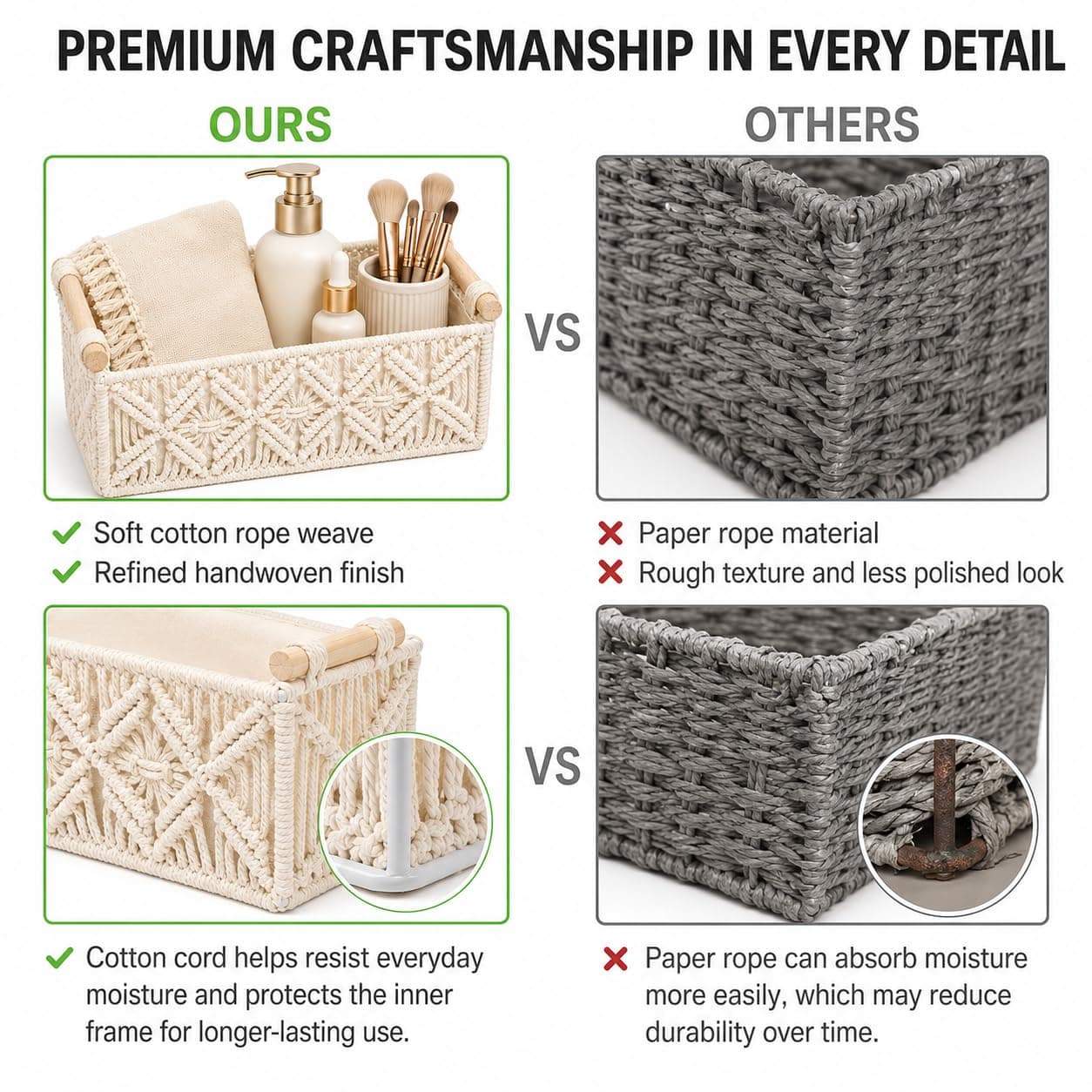 Vespara Toilet Paper Storage Basket for Living Room Storage, Small Paper Rope Scalloped Basket with Wooden Handles for Tank Top for Home Decor Bedroom Nursery Entryway(White) thumbnail 6