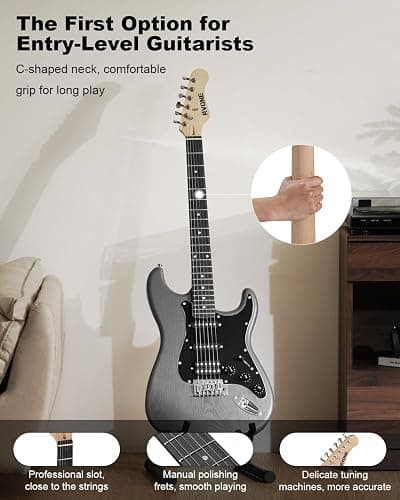 RVONE RST-150 39" Beginner Electric Guitar Kit with Amp & HSS Pickups | Complete Starter Set for Newcomers w/Essentials | Gig Bag, Extra Strings, Digital Tuner, Capo, Strap | Home Practice (Black) thumbnail 2