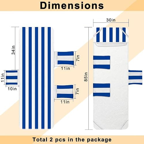 Ruikyhom Lounge Chair Towel Cover, Beach Chair Covers (Pack of 2), Chaise Lounge Cover with 3 Pockets for Pool Beach Garden Courtyard Outdoor Trips, 85 x30 in, Striped Dark Blue thumbnail 3