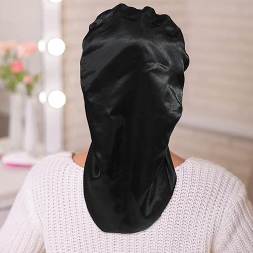 AWAYTR Long Satin Bonnet for Women - Double Layer Elastic Silk Bonnet for Braids Hair Sleeping Cap with Tie Band (Black) thumbnail 7
