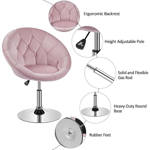 Yaheetech Living Room Vanity Chair Makeup Velvet Round Tufted Back Swivel Accent with Chrome Frame Height Adjustable for Room, Bedroom, Pink thumbnail 4
