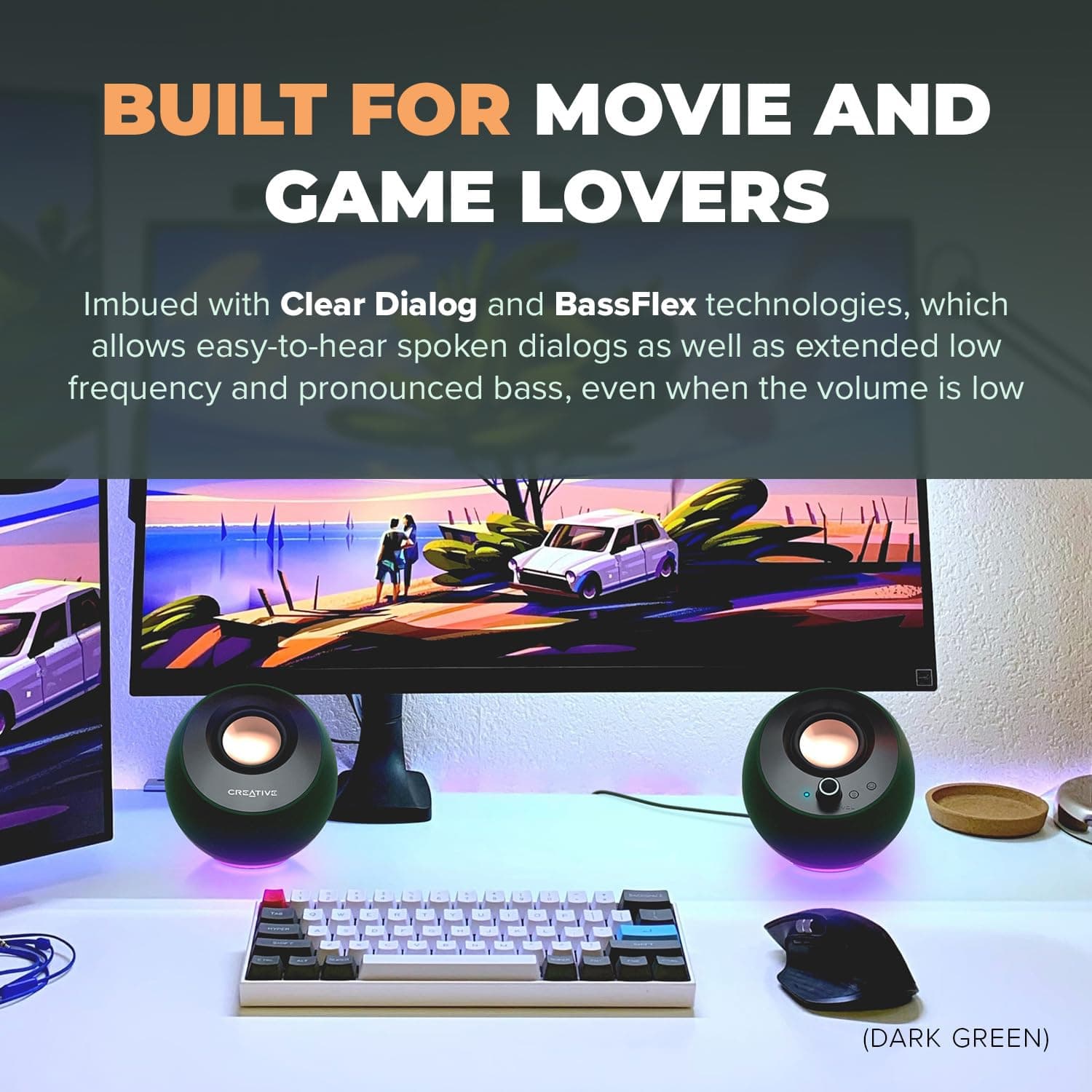 Creative Pebble Pro Minimalist 2.0 USB-C Computer Speakers with Bluetooth 5.3 and Customizable RGB Lighting, Clear Dialog and BassFlex Tech, USB Audio, Headset Port, for PC and Mac (White) thumbnail 4