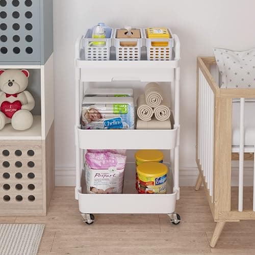 Calmootey 3-Tier Rolling Utility Cart with Drawer,Multifunctional Storage Organizer with Plastic Shelf & Metal Wheels,Storage Cart for Kitchen,Bathroom,Living Room,Office,White thumbnail 4