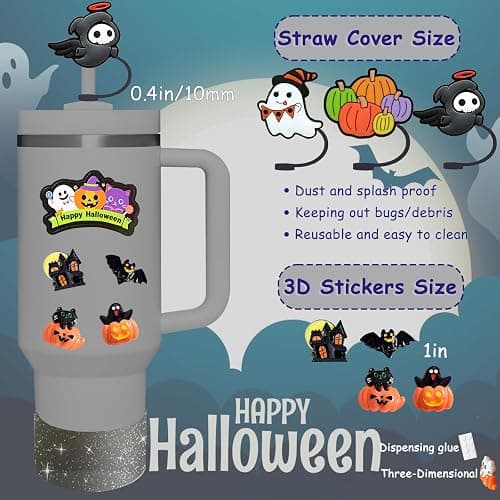 Stanley Cup Accessories Set,Including 3 Pcs 0.4in Halloween Straw Cover, 5 Pcs Halloween 3D&Flat Stickers, 1 Pcs Handle Charm, 1 Silicone Boot Fits Stanley 40&30 Oz Tumbler (Glitter Black) thumbnail 4