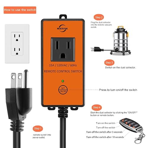 MIAOLINK 120v Automatic Vacuum Switch Wireless Remote Control Dust Collector Starter Outlet Switch (Battery Included) Heavy Duty Design Save Your Time and Energy Enhance Your Work Safety thumbnail 3