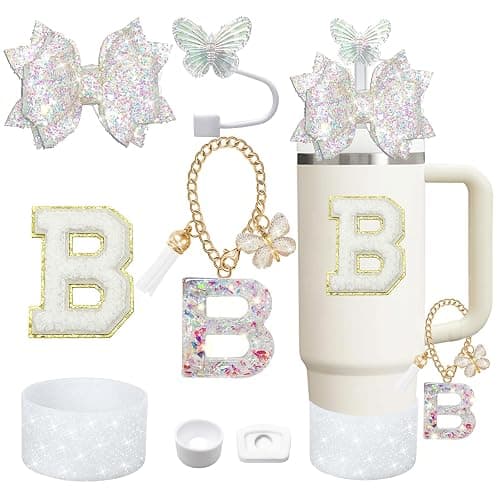 Liangang 7PCS White Cup Accessories Set For Stanley 30oz 40oz,Including Boot,Spill Proof Stopper,Butterfly Straw Cover,Sticker Letter,Letter Charms (white B) - Image 1