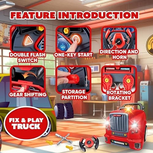 Playbees Red Truck Engine Repair Toy – Kids Mechanic Repair Set with Tools, Lights & Sounds – Interactive Take-Apart Engine Builder Truck, Great thumbnail 4