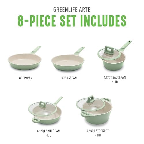 GreenLife 8 Piece Ceramic Nonstick Cookware Set, Induction Suitable Non Toxic PFAS-Free Pots & Pans, Dishwasher Safe, Cooking Set, Stock Pot, Saucepans & Frying Pans, Kitchen Cooking, Sage Green - 8 Piece Cookware Set - Sage Green thumbnail 4