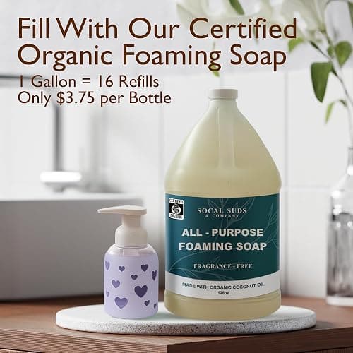 SoCal Suds & Company Foaming Hand Soap Dispenser Glass, Soft Purple, 8oz | Liquid Soap Pump w/ Heart Silicone Sleeve, Refillable Bottle for Kids, Baby Wash & Shampoo, Ideal for Bathroom & Kitchen Use thumbnail 2