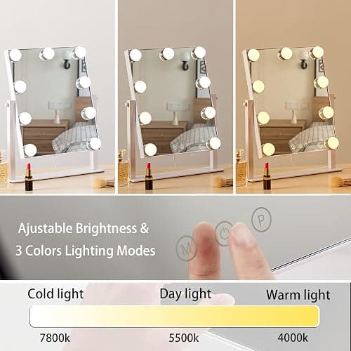 HIEEY Hollywood Vanity Mirror with Lights, Makeup 9 Dimmable Bulbs Three Color Lighting Modes, and 5X Magnification Mirror, Smart Touch Control, 360°Rotation (White) thumbnail 3