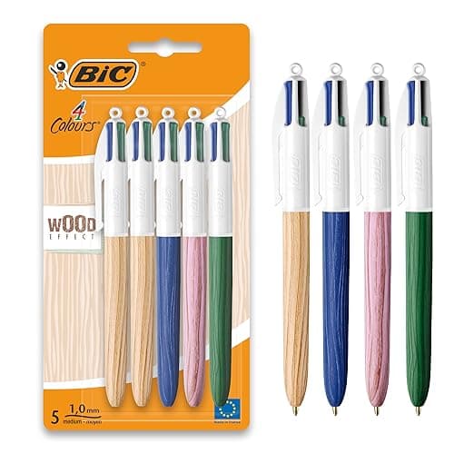 BiC 4 Colours Wood Style Retractable Ball Pens Medium Points (1.0 mm) with Wood Effect Barrel - Pack of 5,Black,Blue,Navy (510991)