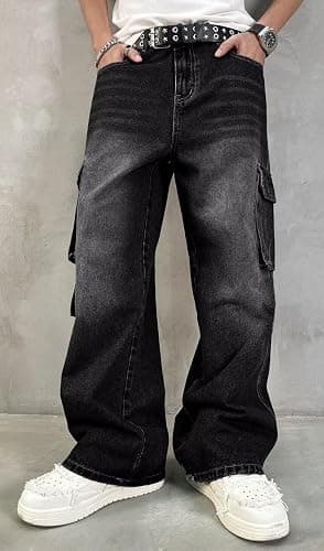 HUNGSON Mens Baggy Cargo Jeans for Men Women Y2k Skater Vintage Plain Pants Casual Wide Leg Jeans Loose Fit Denim Jeans thumbnail 5