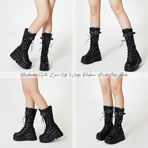 mikarka Womens Holographic Platform Mid Calf Combat Boots Lace Up Wedge Heel Studded Goth Knee High Boots thumbnail 2