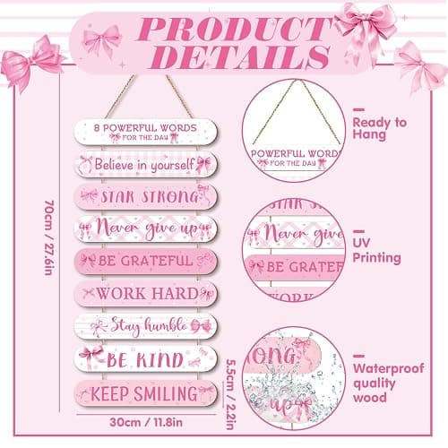 Beeveer Pink Coquette Bow Inspirational Wall Art Decoration Wooden Pink Coquette Party Hanging Sign Positive Quotes Wall Sign Gifts Supplies for Home Living Room Bedroom Bathroom Classroom Gym thumbnail 3