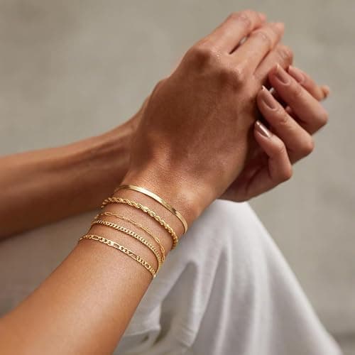 Krfy 5/6Pcs Gold Plated Bracelets for Women Trendy, S925 Plated Silver Bracelet Stack, Non Tarnish Waterproof Bracelets for Women, Paperclip Herringbone Figaro Cuban Twist Chains, Size 6.5''+2'' thumbnail 3