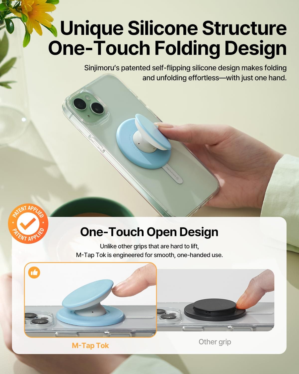 Sinjimoru for MagSafe Phone Grip, Soft Silicone Magnetic Finger Grip for iPhone 17/16/15/14/13, Comfortable One-Touch Holding, M-Tap Tok Black thumbnail 6