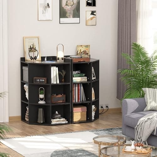 Aheaplus Corner Cabinet, Black Corner Storage with USB Ports and Outlets, Corner Cube Toy Storage for Small Space, Wooden Cubby Corners Bookshelf with 9 Cubes for Playroom, Bedroom, Living Room, Black thumbnail 2