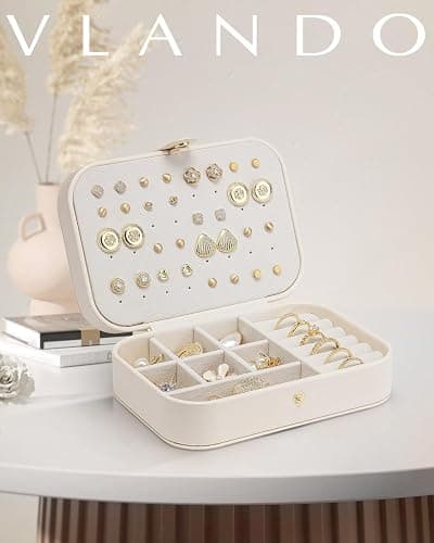 Vlando Travel Jewelry Case for Women Girls Mothers, PU Leather Small Mini Jewelry Box for Rings, Necklaces, Bracelets, Earring Holder Organizer Storage for Travel Accessories, Bridesmaid Gifts - Beige thumbnail 3
