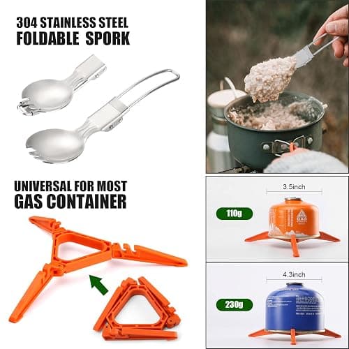 Odoland 8pcs Camping Cookware Mess Kit, Camping Pot and Pan Set with Mini Backpacking Stove, Stainless Steel Cup, Spork and Tank Bracket, Cooking Gear for Outdoor, Hiking, Picnic, Campfire thumbnail 5
