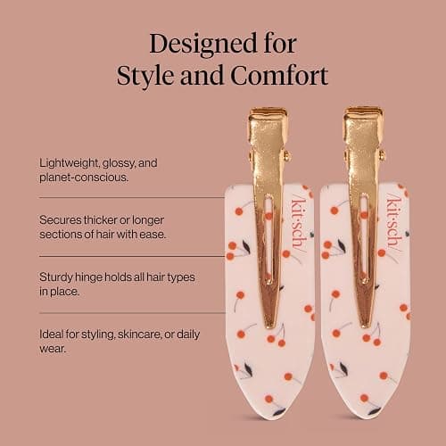 Kitsch Creaseless Hair Clips for Women - No Crease, No Bend Hair Clips for Styling, Bangs, Makeup Application, Face Wash - Recycled Acrylic - Cherry Print | Ideal Gifts for Women, 4pcs thumbnail 5