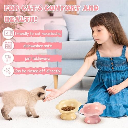 Hushee 2 Pcs Ceramic Raised Cat Bowls 7 oz Flower Shaped Cat Food Dish Stress Free on Neck and Spine Dishwasher Safe Feeding Bowls for Small Kitten thumbnail 6