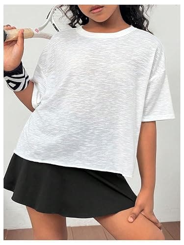 QJQ Girl's Open Back Workout Tees Cut Out Short Sleeve Crew Neck Loose Fit Running T Shirts thumbnail 2