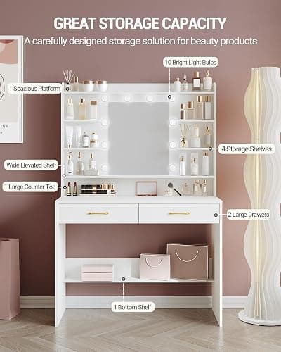 Hzuaneri Vanity Desk with Mirror and Led Light, Adjustable Brightness, Dressing Table with Shelves and 2 Drawers, for Bedroom, 40 x 100 x 149 Cm, White DT38703XCA thumbnail 3