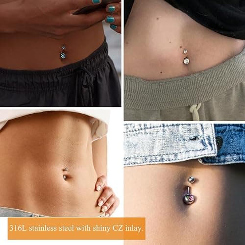Wssxc 14G Hypoallergenic Surgical Steel Belly Button Ring Cubic Zirconia Belly Button Barbs Body Piercing Set 7Pcs thumbnail 4