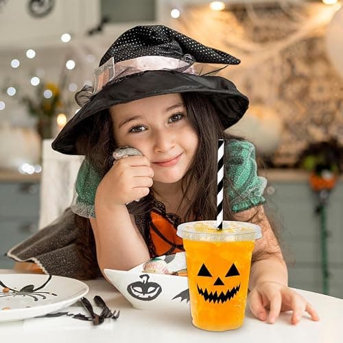 Whaline 60Pcs Halloween Disposable Plastic Cups with Lids and Straws 12oz Jack-O-Lantern Pumpkin Cold Beverage Drinking Cups Scary Printed Party Cup for Trick or Treat Party Supplies thumbnail 5