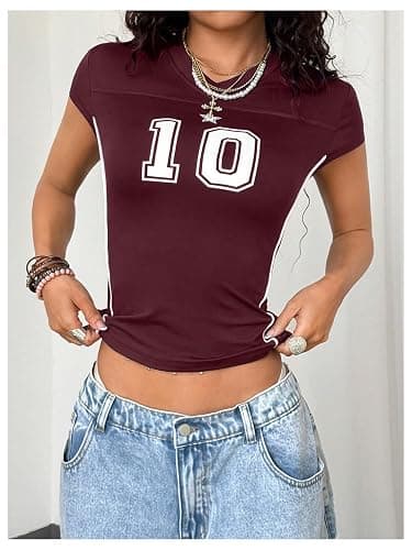 RoseSeek Women's Y2K Sporty Jersey Shirts V Neck Cap Sleeve Tight Crop Tops Street Graphic Tees thumbnail 4