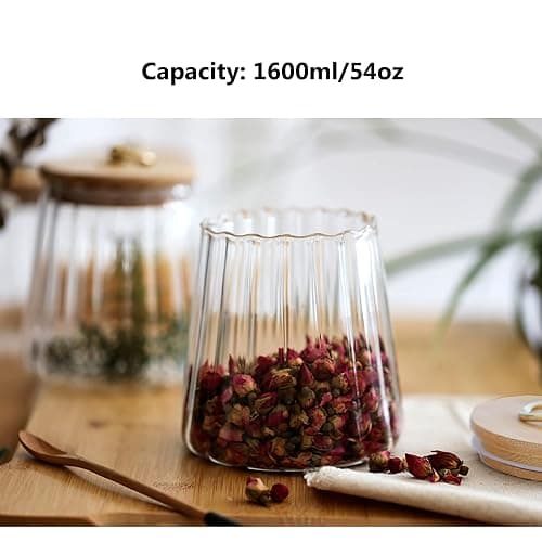 Glass Coffee Nuts Canister Airtight Storage Jar Petal Decorative Container with Bamboo Lid Metal Handle Easy to Grasp 1600ml, 54 FL OZ (Large Conical) thumbnail 2