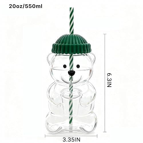gaulofo 20oz Bear-Shaped Glass Cup, Cute Reusable Glass Tumbler with Lid and Straw for Coffee, Milk Tea, Birthday & Holiday Gift (Green) thumbnail 3