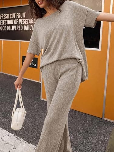 Tankaneo Women's 2 Piece Travel Outfits Casual Short Sleeve Knit Sweater Set Wide Leg Pants Lounge Sets Tracksuit thumbnail 3