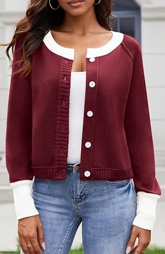 UNCLECAT Women's Cropped Cardigan Sweaters Fall Long Sleeve Open Front Cardigans Button Down Color Block Knit Outwear Coats thumbnail 4