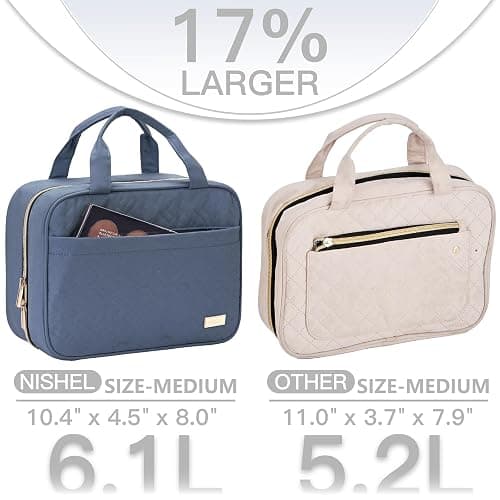 NISHEL Travel Toiletry Bag for women, Portable Hanging Organizer for Travel-Sized Shampoo, Conditioner, Brushes Set, Makeup Accessories, Medium Size, Aegean-Blue thumbnail 3