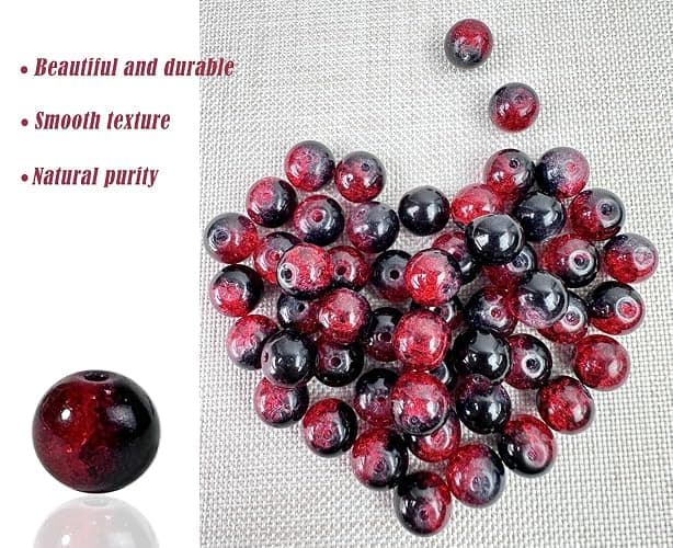 100Pcs 10mm Crackle Glass Beads for Jewelry Making - Round Spacer Crystal Beads Bulk, DIY Craft Supplies for Necklace Bracelet Earrings (Red Black) thumbnail 2