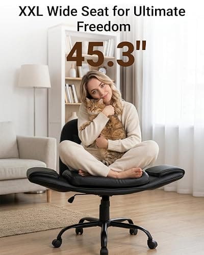Criss Cross Office Chair, PU Leather Ergonomic Swivel Vanity Chair | 5-Level Adjustable Armrests, 45.3" Wide Breathable Leather Seat, Cross Legged Chair for Bedroom thumbnail 2