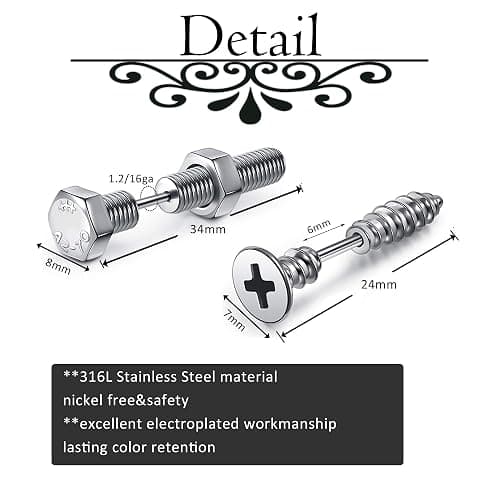 AllerPierce Stainless Steel Punk Earrings Cool Screw on Earring Studs Backs Piercing Jewelry for Men Women thumbnail 2
