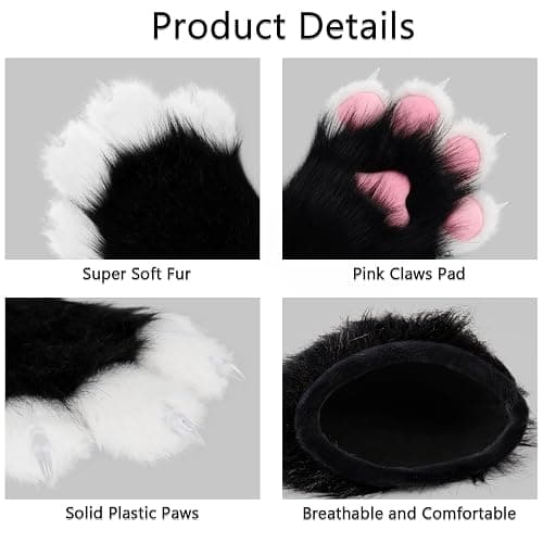 HAOAN Furry Faux Fur Fox Cat Paws Gloves Animal Fursuit Mittens Halloween Christmas Cosplay Costume Props thumbnail 5