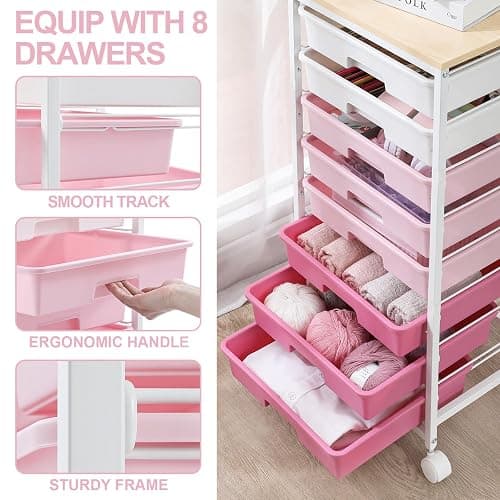 Rolling Cart with Drawers,Storage Cart with 8 Drawers and Wooden Tabletop,Utility Cart for Living Room,Classroom, Bedroom,Bathroom,Dorm,Office,Rose Pink thumbnail 3