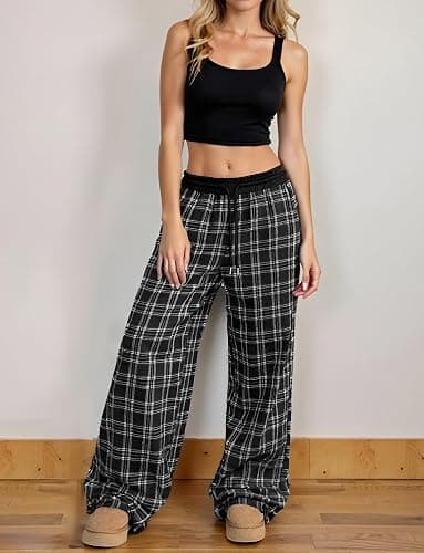 SEAUR Womens Plaid Pants Checkered Gingham Cute Slacks Pajamas Pjs Pattern Bottoms Wide Leg High Waist Sweatpants thumbnail 4