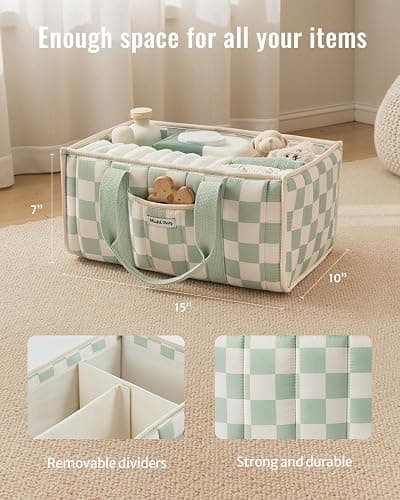 Blissful Diary Checkered Diaper Caddy Organizer, Stylish Nursery Storage Basket, Gift for Baby Shower, Newborn Essentials, Registry Search Must Haves, Sage Green thumbnail 3
