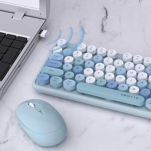 UBOTIE Colorful Wireless Keyboard and Mouse Combo (Blue-Colorful) | Retro Typewriter Floating Full-Sized Keys Computer Keyboard with Optical Mouse, 2.4GHz USB Connection for Windows Mac thumbnail 4