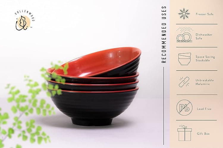 4 Ramen Bowls, 12 pieces Pho set. Red Black Ramen Bowl Set. Unbreakable Melamine. Asian Japanese soup. Spoons And Chopsticks kit. . XL 37 oz. Noodles, Rice, Udon, Thai, Chinese, Korean, Wonton, Miso thumbnail 3