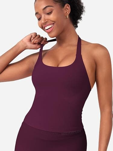 HIGORUN Halter Impact Tank Tops for Women Y2K Workout Longline Crop Tops with Built in Bras Open Back Going Out Gym Top thumbnail 4