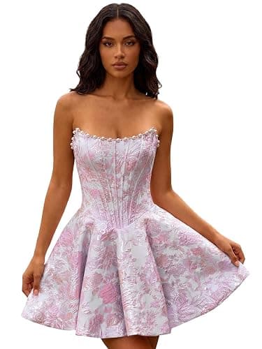 WuQiguja Jacquard Satin Homecoming Dresses Short Floral Prom Dresses | Embroidered Satin, Strapless, Pearls, A-Line, Corset Mini Dress, Graduation Dress, HOCO Dresses for Teens,Wedding Guest Dress - Image 1