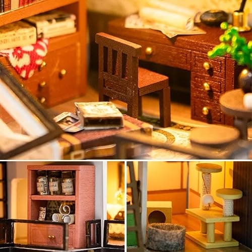 OZJAY DIY Miniature House Kit, Tiny House Kit with Dust Proof Cover & Tools, DIY Wooden Dollhouse Miniature Kit for Adults Teen, Wooden Crafts Lovely Dollhouse Kit - Dream Town thumbnail 6