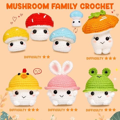 MAGIMUSE Crochet Kit for Beginners, Crochet Starter Kits for Adults Amigurumi Craft Knitting Crocheting Kits with Step-by-Step Video Tutorials, Mushroom Family(40%+ Yarn thumbnail 5